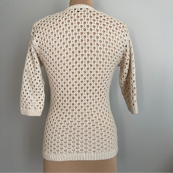 Beige Crochet V-Neck Sweater 3/4 Sleeves Beachwear Resort Layer Coastal Grandma - Picture 3 of 11